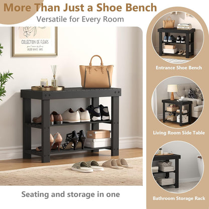 NEWBULIG Shoe Rack Bench, 3-Tier Bamboo Shoe Organizer, Wooden Entryway Storage Bench, 286 lb Load Capacity, 11.2x27.6x17.9 Inches, for Entryway Bathroom Bedroom Balcony, Black