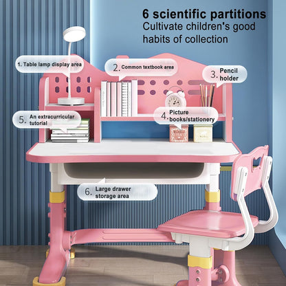 Kids Functional Desk Chair Set,Kids Desk and Chair Set, Height Adjustable Children School Study Desk with Castle Backboard, Widened Desktop, Bookstand and Storage Drawer (Pink)