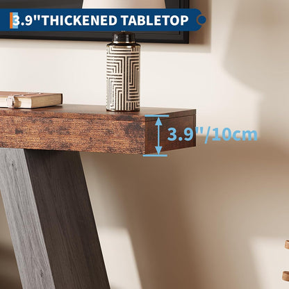 55in Farmhouse Console Table - 2-Tier Wooden Trapezium Sofa Table - Skinny Entryway Furniture with Open Storage Shelf - Ideal for Living Room, Behind Couch, Hallway - Gray