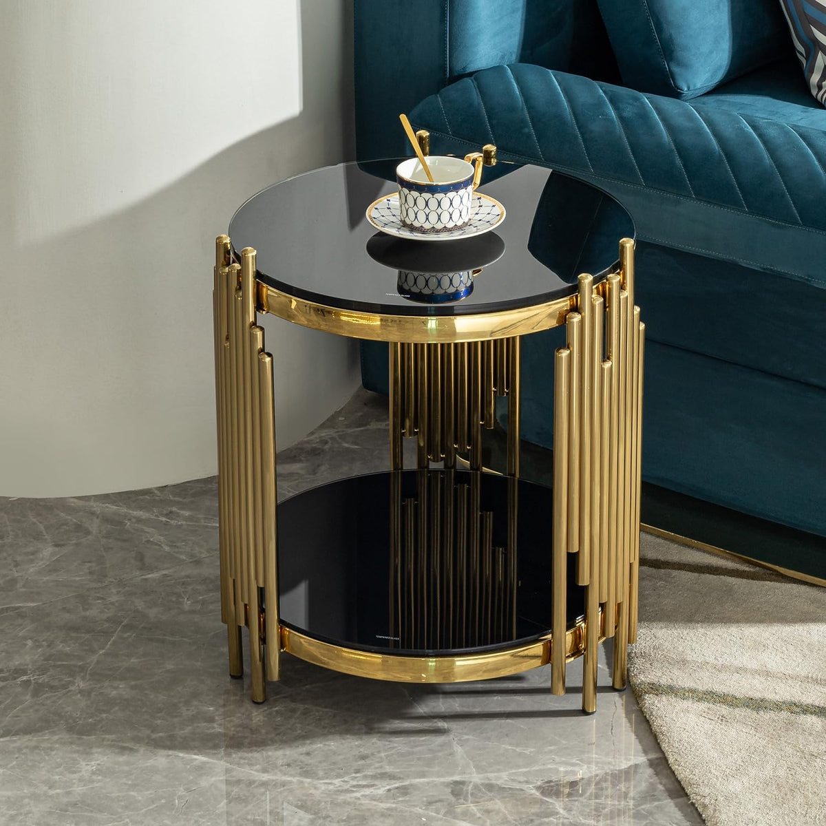 17.72" Round Sofa Side Table, 2-Tier Black Tempered Glass End Table with Gold Stainless Steel Frame for Living Room, Office & Café