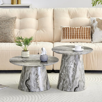 Nesting Coffee Table Set, Gray Veneer Round Tables, Mid-Century Modern | Round Coffee and Side Table Set for Living Room or Office with Space-Saving Nested Design and Gray Veneer Finish