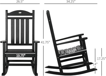 Outsunny 2 Pieces Outdoor Rocking Chair, All Weather-Resistant HDPE Rocking Patio Chairs with Rustic High Back, Armrests, Oversized Seat and Slatted Backrest, 350lbs Weight Capacity, Black