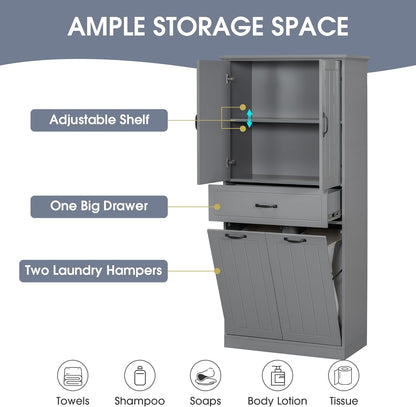 Merax 65.8" Pantry Cabinet with Two Doors & One Drawer & Two Laundry Hampers, Adjustable Shelves Storage Cupboard for Kitchen/Dining Room/Bathroom, Gray