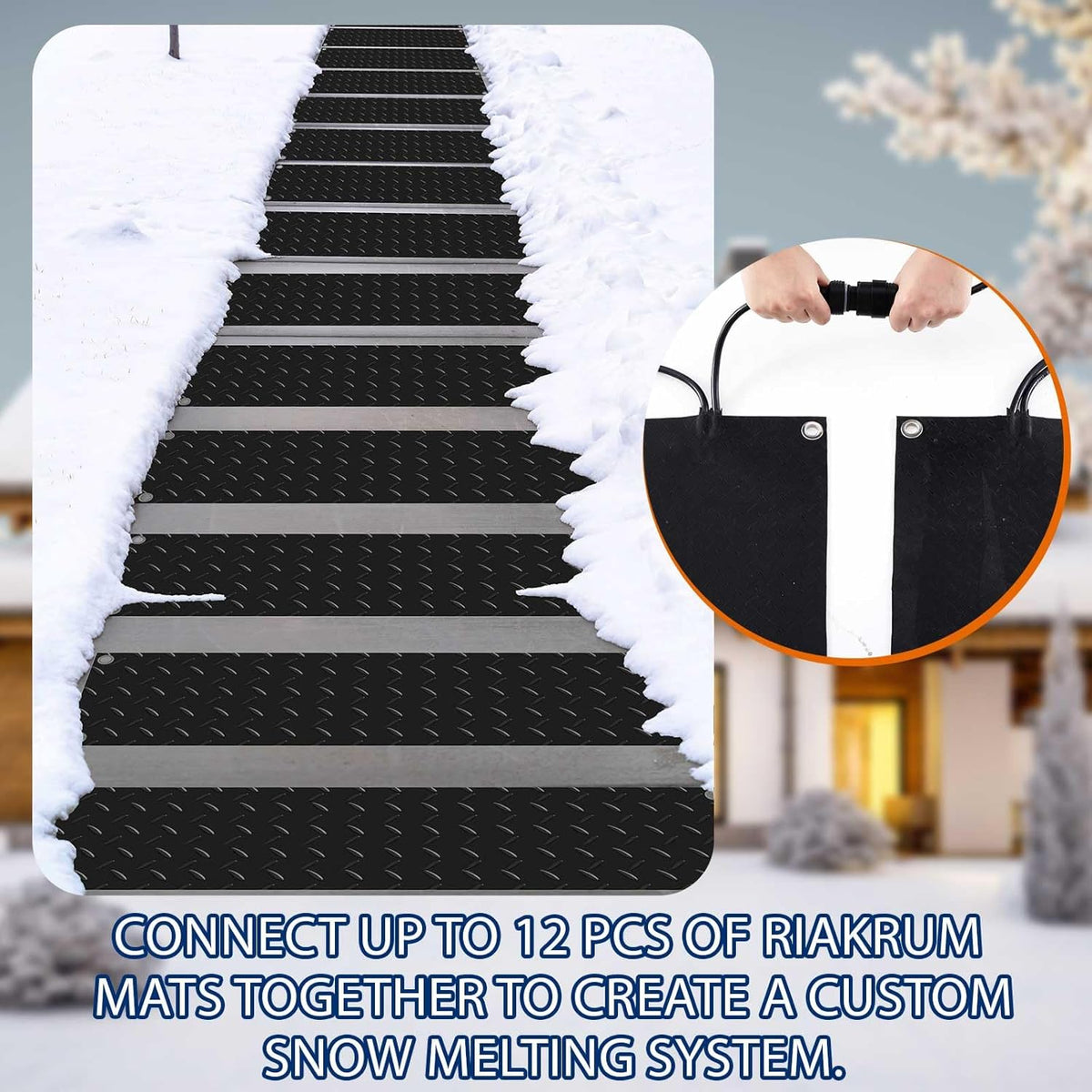 Riakrum 8 Pcs Heated Snow Melting Mats Outdoor, 10 x 30 in Winter Anti-Slip Heated Rubber Mat for Walkways Decks and Sidewalks, Snow and Ice Melting Pads Connection with 9.84 ft Power Cord