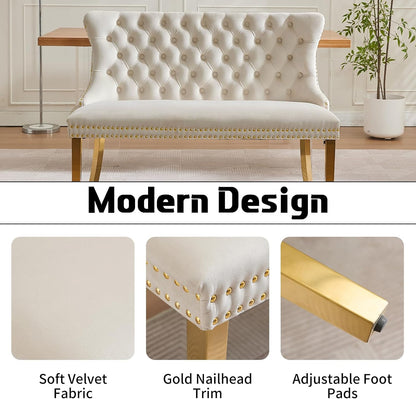 Beige Velvet Dining Bench with Back, Tufted Banquette Seating, Gold Legs | Upholstered loveseat bench; tufted back; nailhead trim; 500 lb capacity; foam and spring seat; dining room or entryway