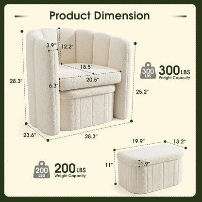 Homkdom Barrel Accent Chair with Storage Ottoman, Teddy Fleece Shell Back, Ergonomic Lumbar Support, Spring Foam Seat, 300 lbs, Reading Chair for Bedroom Living Room Home Office Creamy White