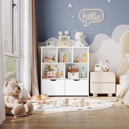 HOOBRO Toy Storage Organizer, Toy Organizers and Storage with 2 Movable Drawers and 5 Cubbies, Toy Chest Shelf for Books or Dolls, Kids Bookshelf and Toy Storage for Playroom, White WT88CW01