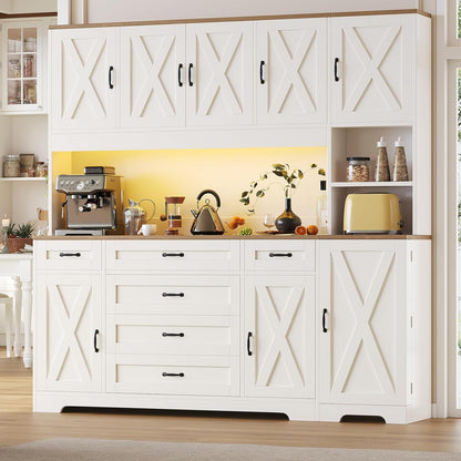 71" Farmhouse Pantry Cabinet with LED Lighting and Charging Station, Tall Storage Cabinet with 8 Doors, 6 Drawers & Adjustable Shelves, Coffee Bar Pantry for Kitchen Dining Room, White
