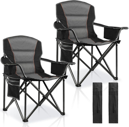 2 Pack Padded Oversized Camping Chairs for Adults,Heavy Duty Support 400 Lbs,Folding Portable Lawn Chair w/Cup Holder,Cooler Bag,Side Pocket,Perfect for Outdoor Picnic,Hiking(Black)