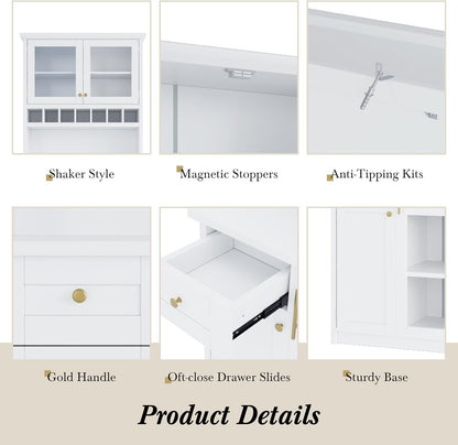 roomfitters Farmhouse Kitchen Pantry Buffet Hutch with Wine Rack and Glass Doors, Tall Storage Cabinet, White