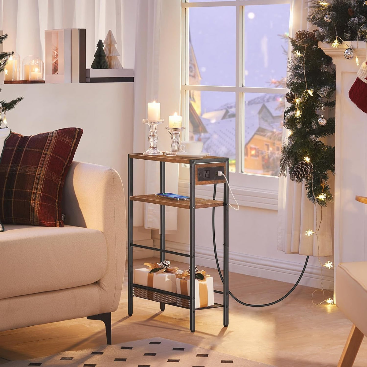 HOOBRO Small Narrow Side Table with Charging Station, Skinny End Table for Small Spaces, Slim Nightstand with USB Ports Outlet, Sofa Beside Table with Storage Shelf, Rustic Brown and Black BF102UBZ01