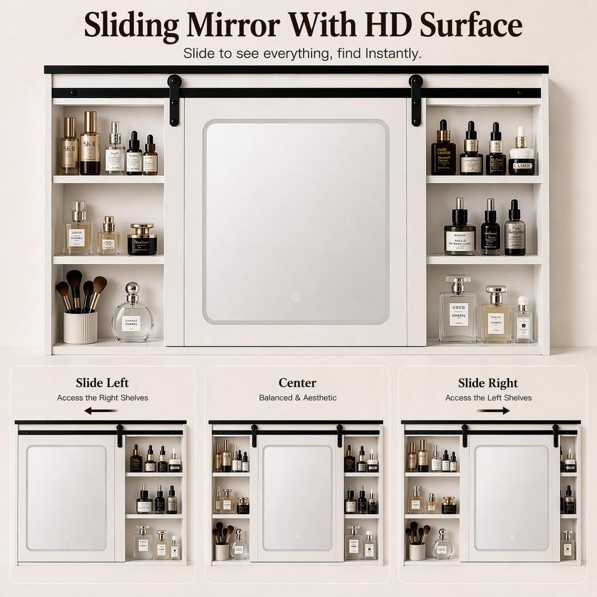 Vanity with Sliding Barn Mirror, Glass Top Makeup Desk with Outlet & Charging Station, 3-Color Lights, 7 Drawers & Shelves for Bedroom, Modern Adjustable Storage Dresser Table