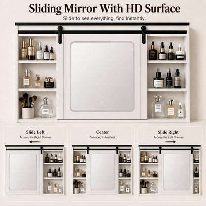 Vanity with Sliding Barn Mirror, Glass Top Makeup Desk with Outlet & Charging Station, 3-Color Lights, 7 Drawers & Shelves for Bedroom, Modern Adjustable Storage Dresser Table