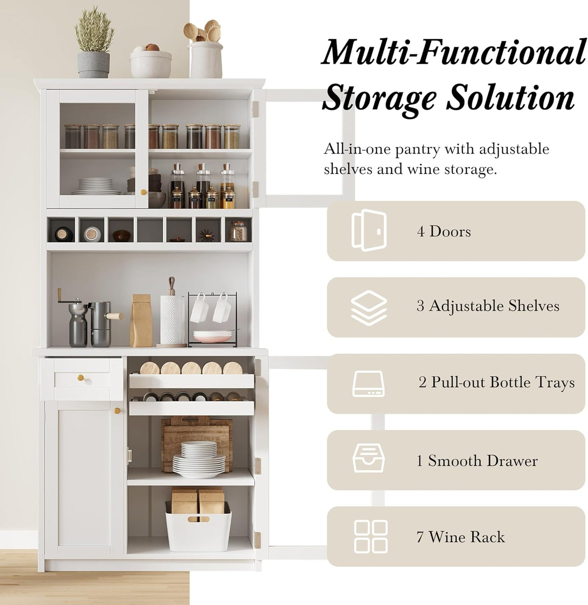 roomfitters Farmhouse Kitchen Pantry Buffet Hutch with Wine Rack and Glass Doors, Tall Storage Cabinet, White