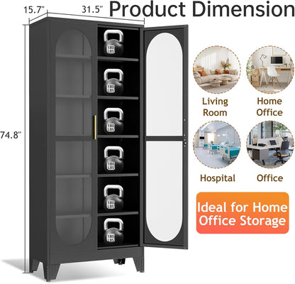 75" H Locking Display Cabinet with Glass Door, Tall Storage Cabinet with 5 Adjustable Shelves, Metal Curio Cabinet Multi-Purpose Display Case for Collectibles Living Room/Bedroom/Kitchen/Bar