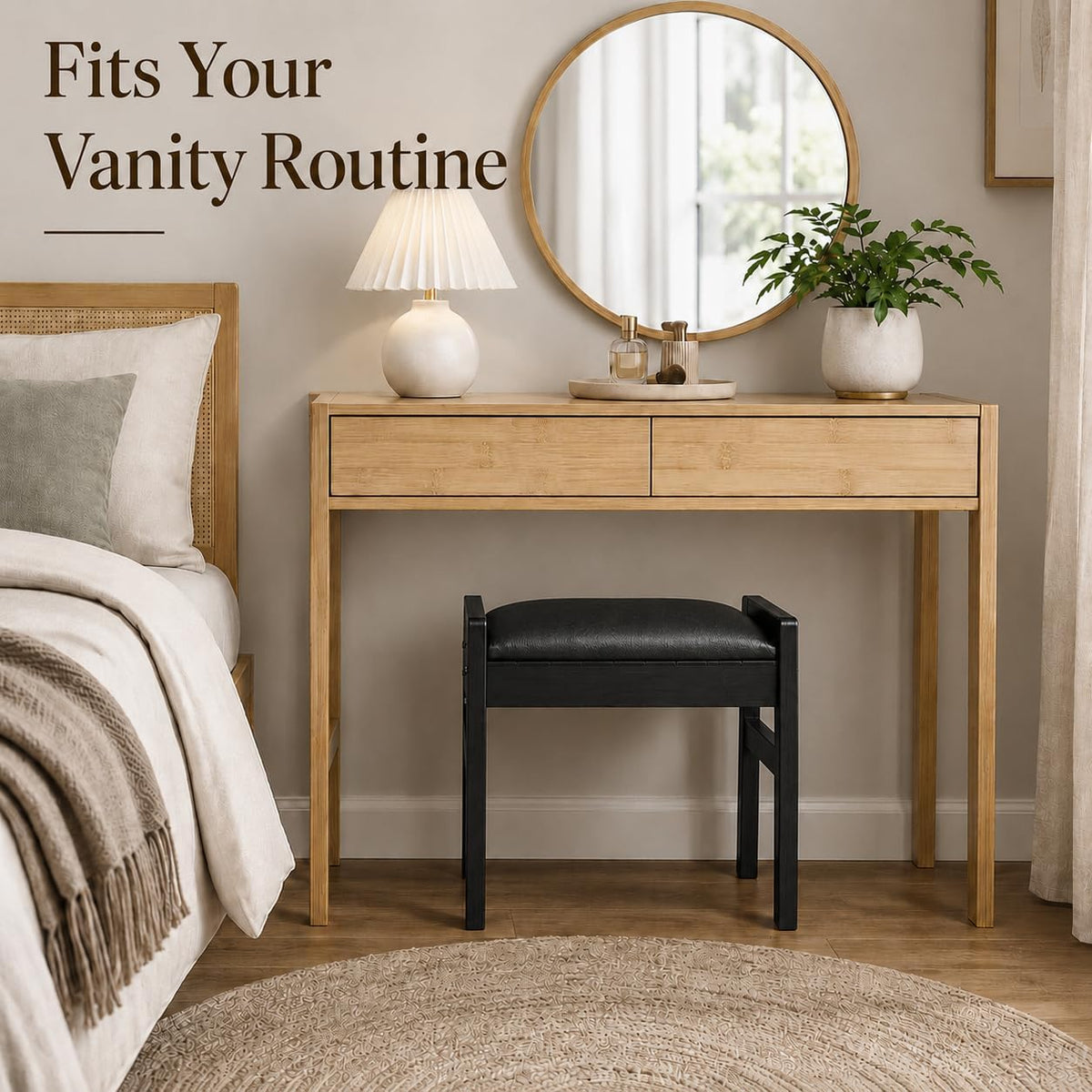 BAMBOOHOMIE Foot Stool Ottoman, Modern Vanity Stool Chair for Makeup with Removable Cushion & Side Handles, Bamboo Ottoman for Living Room Bedroom Office, Small Foot Rest for Couch (Black - Black)