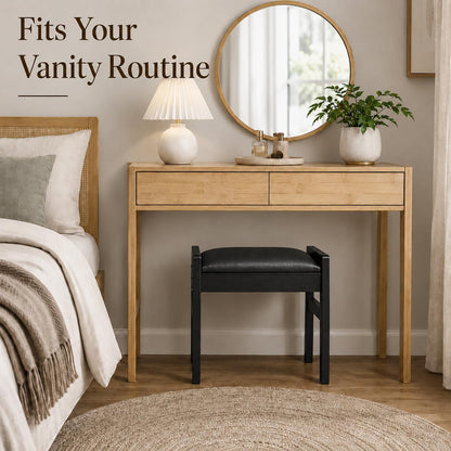BAMBOOHOMIE Foot Stool Ottoman, Modern Vanity Stool Chair for Makeup with Removable Cushion & Side Handles, Bamboo Ottoman for Living Room Bedroom Office, Small Foot Rest for Couch (Black - Black)
