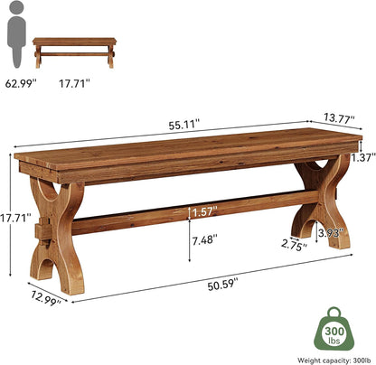 Solid Wood Dining Bench, 55-Inch Long Entryway Shoe Bench, Farmhouse Indoor Seat for Dining Room, Living Room, Hallway, Brown (1, Brown)