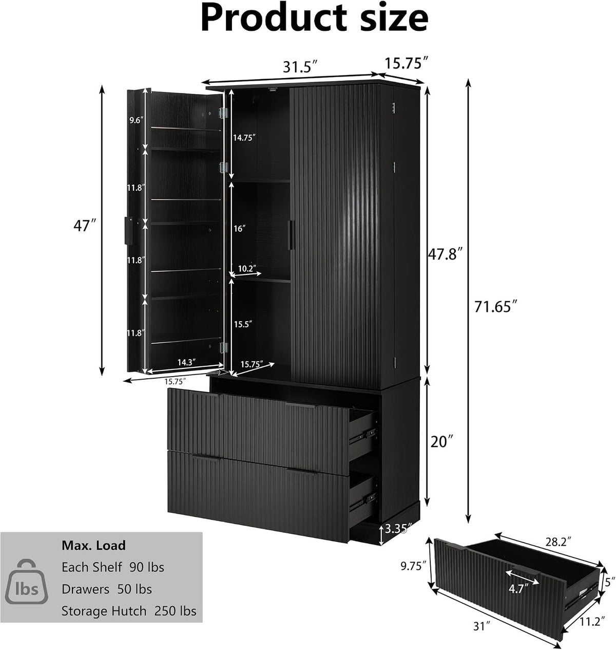 Polibi 72" Fluted Kitchen Pantry Cabinet with Drawers & 3 Shelves,Black | 8 Built-In Door Spice Racks. Sturdy MDF,Freestanding Storage Organizer for Kitchen Dining Room