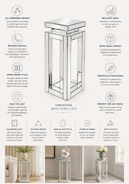 Howard Elliott Collection Small Silver Mirrored Pedestal Accent Table for Home Decoration, Mirrored Finish Design End Table for Bedroom, Entryway or for Any Room, 12 x 12 x 28 Inches