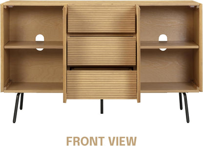 NTC MOSSIC Sideboard with 2 Doors and 3 Drawers, Buffet Cabinet with Natural Rattan and Metal Legs, Modern Storage Cabinet for Living Room, and Hallway, Effortless Assembly, Sand