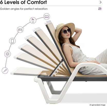 PURPLE LEAF Outdoor Chaise Lounge Set of 2 w/Armrest for Poolside, Khaki | Recline in 5 Positions, Lounge Freely with 400 lbs Support, Enjoy All-Day Cooling & Quick-Dry Comfort