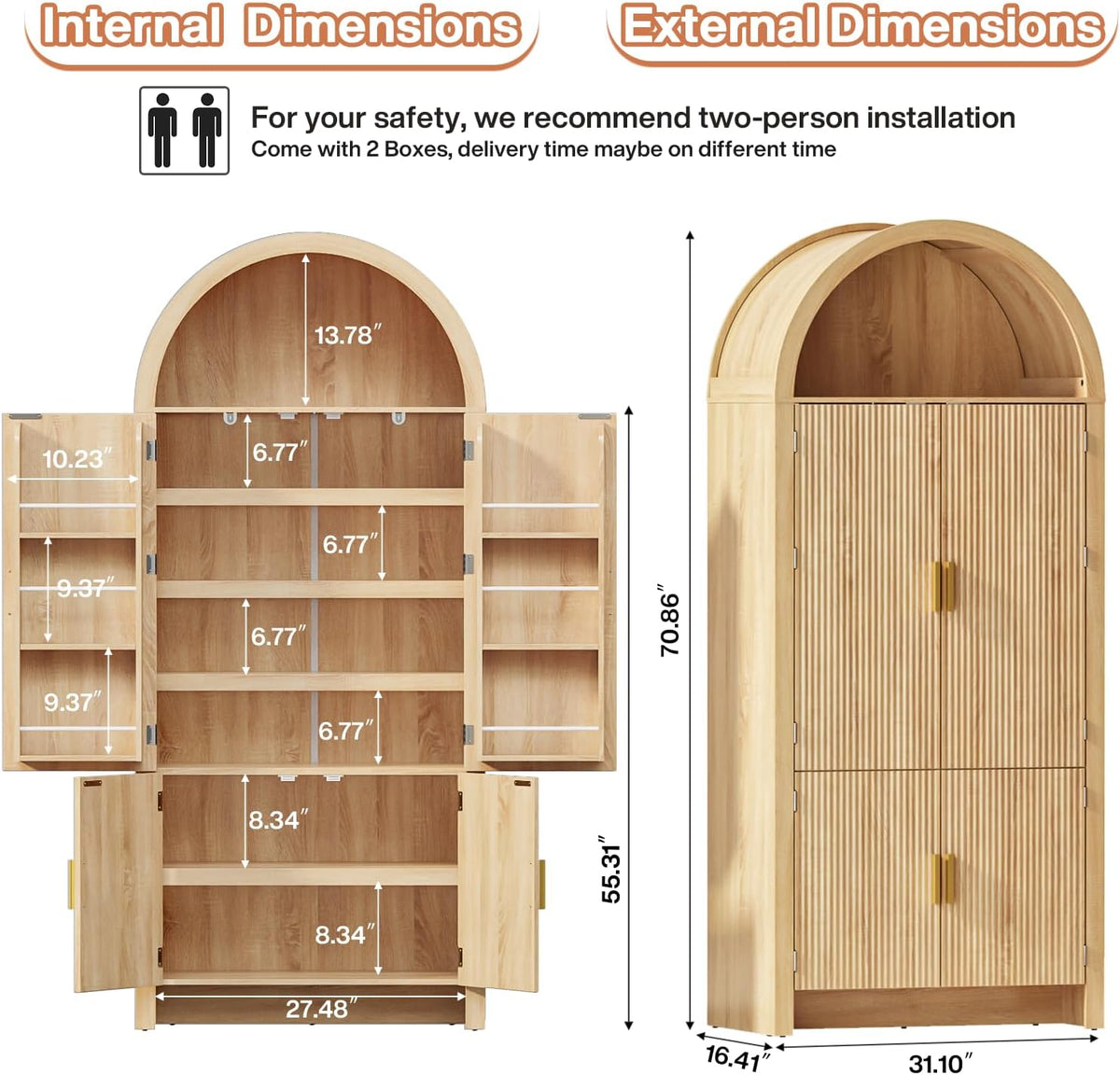 PRETZI 71" Arched Cabinet with Doors, Tall Arched Kitchen Pantry Storage Cabinet and Adjustable Shelves, Modern Fluted Natural Wood Cupboard for Kitchen, Dining Room, Bathroom