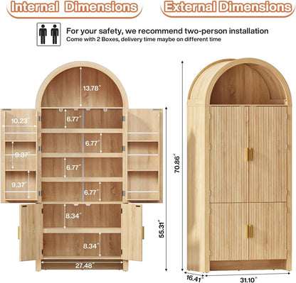 PRETZI 71" Arched Cabinet with Doors, Tall Arched Kitchen Pantry Storage Cabinet and Adjustable Shelves, Modern Fluted Natural Wood Cupboard for Kitchen, Dining Room, Bathroom