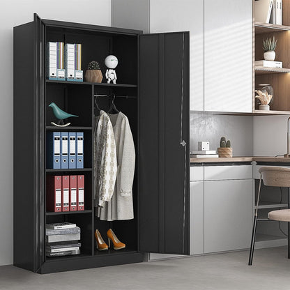 Yizosh Metal Armoire Wardrobe Closet Cabinet for Hanging Clothes with Lock Doors, -72" Steel Lockable Wardrobe Storage Locker Clothes Organizer for Bedroom, Laundry Room (Black)