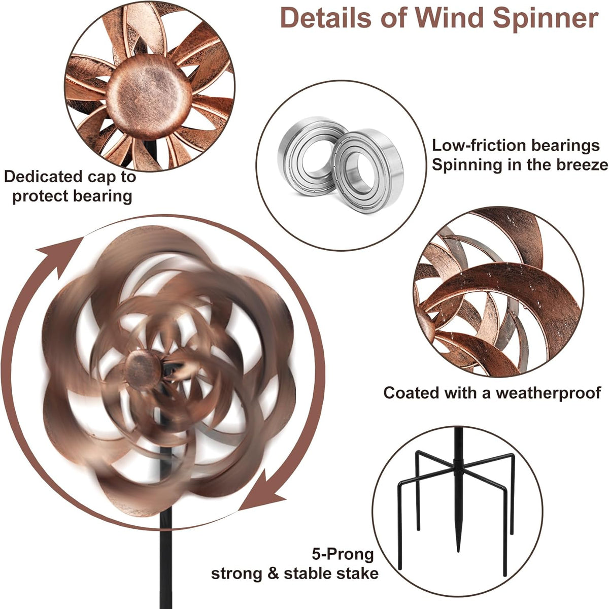 Garden Wind Spinners Outdoor Metal, Copper Kinetic Wind Sculptures & Spinner Yard Art for Outdoor Patio Lawn Decoration