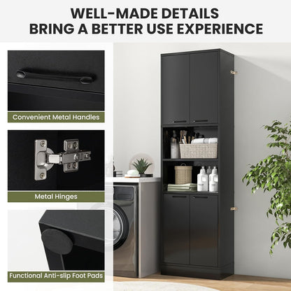 Kitchen Pantry Cabinet, Dining Room Cupboard with 4 Doors & 2 Open Countertop, 4 Anti-Tipping Devices, 75”Tall Bathroom Cabinets (Black)