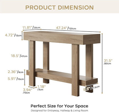 Console Table for Entryway, 47.2" Narrow Farmhouse Sofa Table with Thick Tabletop & Storage Shelf, 2-Tier Modern Wooden Entryway Industrial Table for Hallway, Living Room, Foyer, Behind Couch, Natural