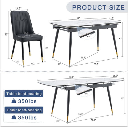 Extendable Dining Table Set for 8, 55"–79" Rectangular Dining Table with White Sintered Stone Top and 8 PU Leather Chairs, Modern Kitchen & Dining Room Table for Family Gatherings, Built to Last