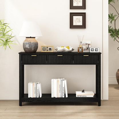 RUSTOWN Fluted Wood Console Table with 3 Drawers, Boho Narrow Behind Couch Entryway Table with Open Storage Shelf, Modern Sofa Table for Living Room, Foyer and Hallway (Black)