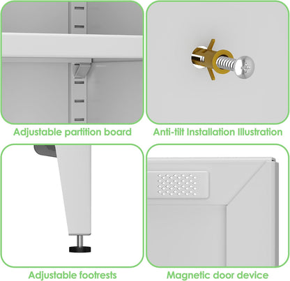Metal Storage Cabinet with 2 Doors and 4 Adjustable Shelves, Metal Pantry Cabinet for Kitchen Living Room, Required Assembly, White,13.78" D x 27.56" W x 63.58" H