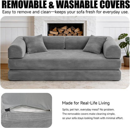 79'' Convertible Sofa Bed, Couch-in-a-Box, Corduroy Floor Futon Loveseat Sleeper, 26'' Deep Seat, Removable Machine-Wash Covers, No Assembly, 2 Pillows, Light Grey