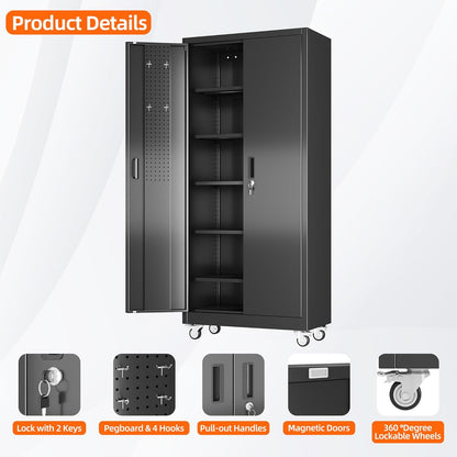 SUXXAN 71" Metal Storage Cabinet with Wheels, Pegboard, Lock, 5 Shelves | Locking steel cabinet with wheels, pegboard and 5 shelves for garage, workshop, office or pantry; assembly required.
