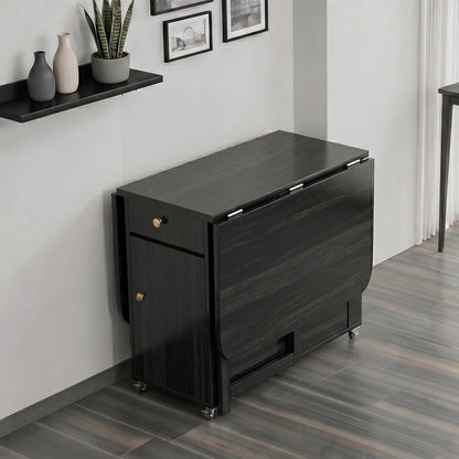 Small Foldable Dining Table - 59" Fully Assembled Drop Leaf Tables for Small Spaces with Storage & Lockable Wheels, 4-6 Seater Space-Saving Furniture for Dining Room, Black
