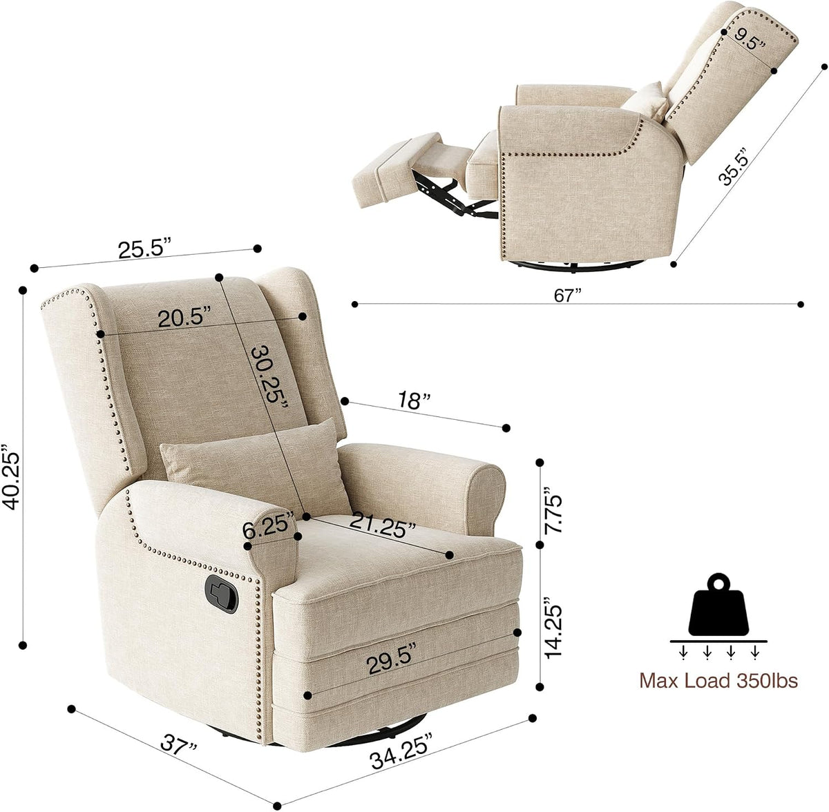 RoyalCraft Swivel Recliner Chair with Extra Large Footrest, Comfy Upholstered Glider Rocking Chair for Living Room, Bedroom and Ofice, Beige
