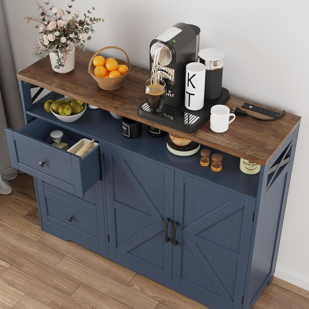 Befrases Farmhouse Buffet Cabinet with Drawers & Open Shelf, Sideboard with Storage, Kitchen Pantry Cabinet Hutch, Coffee Bar Station for Kitchen, Livingroom, 47" L Blue