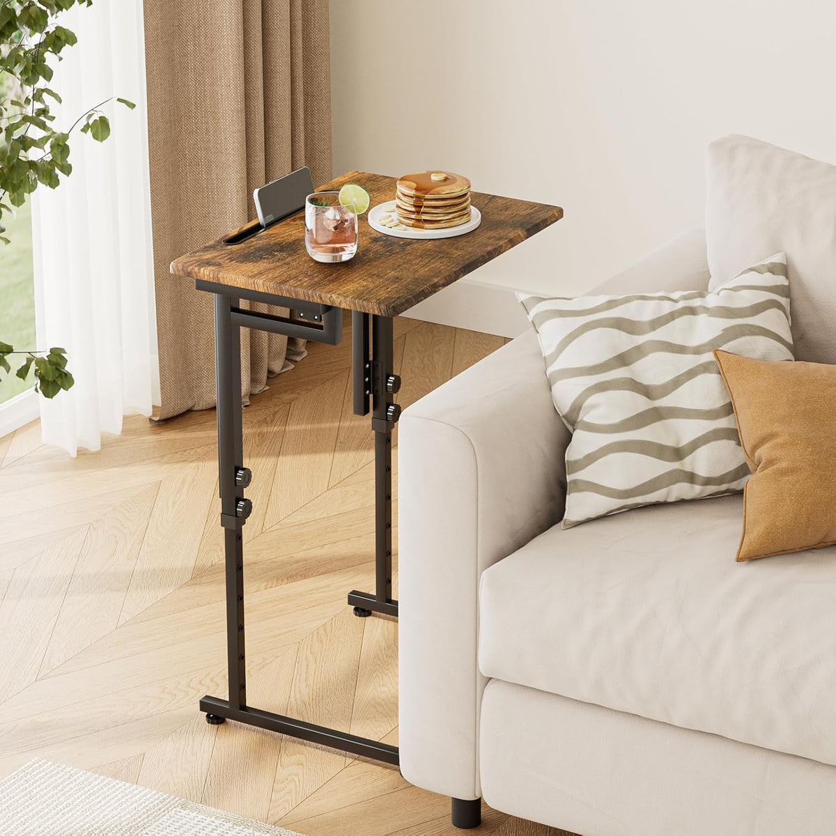 Adjustable Folding TV Tray Table,TV Dinner Small Foldable C-Shaped End Table for Eating,6 Height Adjustable Slide Under Couch Side with Sturdy MDF Top,No Assembly(Brown,2Pcs)