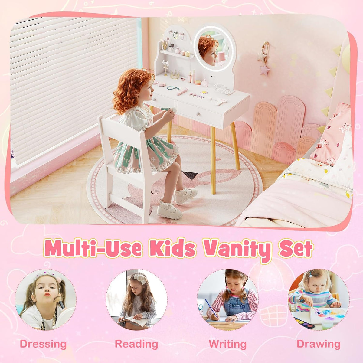 HONEY JOY Kids Vanity, Little Girls Vanity Set with Mirror and Stool and Lights, Drawers, Toddler Makeup Vanity Dressing Table, Wooden Pretend Play Kids Vanity Table and Chair Set (White)