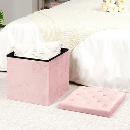 B FSOBEIIALEO Storage Ottoman Cube, Velvet Tufted Folding Ottomans with Lid, Footstool Rest Padded Seat for Bedroom (Pink, Medium)