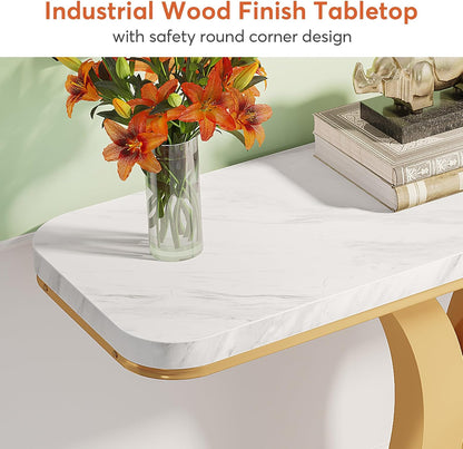 Tribesigns Modern Gold Console Table, 40 inch Narrow Entryway Foyer Table with Geometric Base, Rustic Hallway Accent Table for Living Room, Entrance, White and Gold