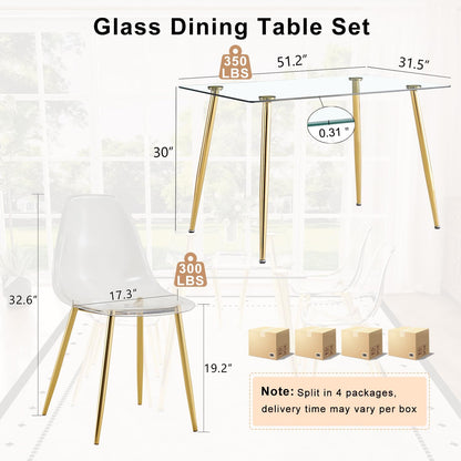 Ebullient Glass Dining Table Set for 6, 51" Clear Tempered Glass Table with Gold Chrome Metal Legs and 6 Transparent Acrylic Chairs, Compact Modern Kitchen Table Set for Small Space Dining Room