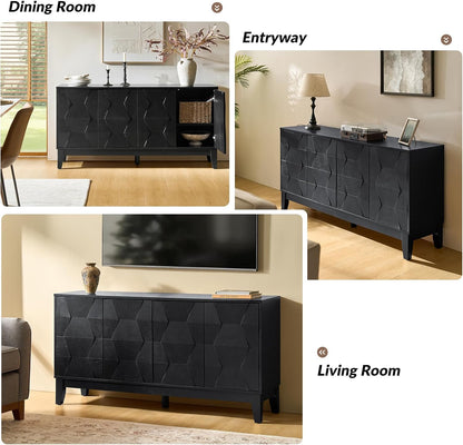 HULALA HOME Mid Century Sideboard Buffet Cabinet with Solid Wood Legs, 60" Kitchen Storage Cabinet Credenza with 4 Doors and 2 Shelves, Accent Console Table (Black)