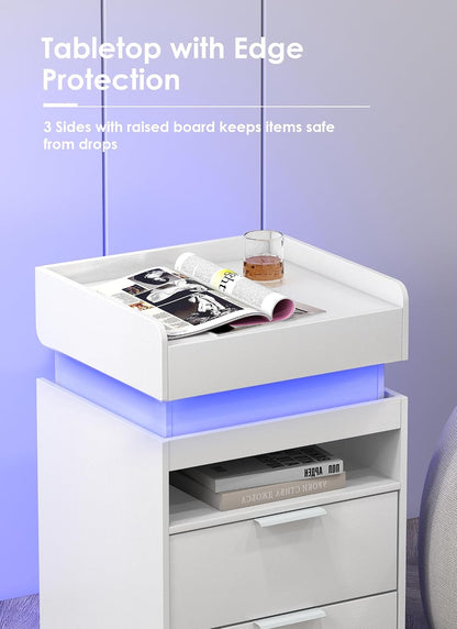 Turosur White Nightstand with Charging Station and LED Lights, Modern Beside End Table with USB and Type-C Port for Bedroom Gaming Room