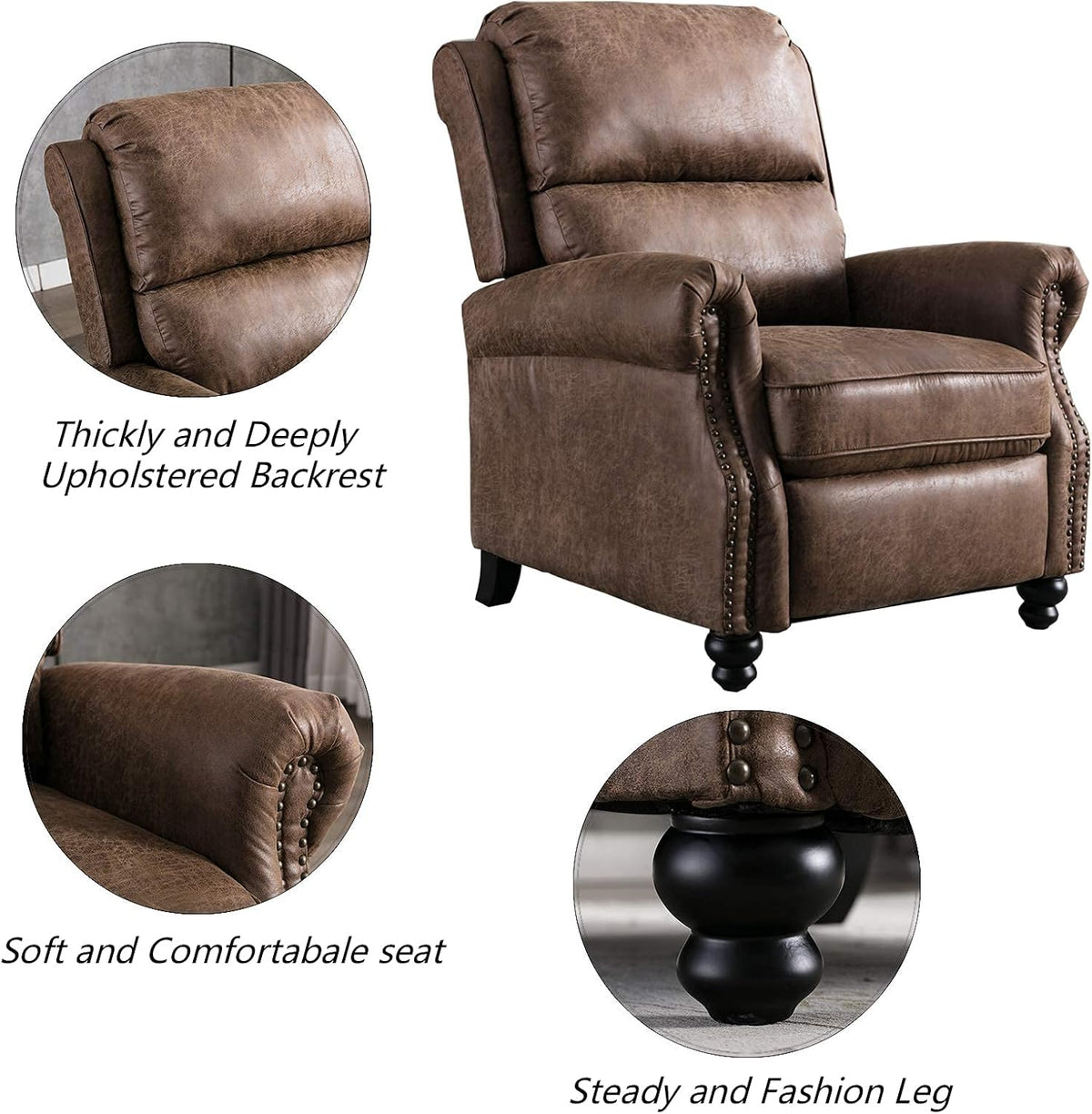 CANMOV Pushback Recliner Chair Faux Leather Armchair Push Back Recliner with Rivet Decoration Single Sofa Accent Chair for Living Room, Chocolate
