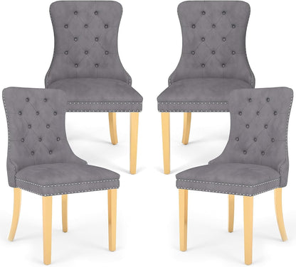 Grey Velvet Dining Chairs Set of 4, Mid Century Modern Kitchen & Dining Room Chairs, Fabric Tufted Dinning Chairs, Velvet Upholstered, Wing Back, Pull Ring, Stainless Steel Legs, Gold