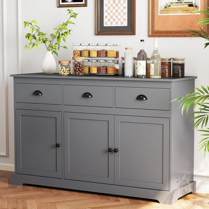 Sideboard Buffet Cabinet with Storage, 53.5” Large Kitchen Cupboard with 3 Drawers, Adjustable Shelf, Credenzas for Living Room, Wooden Coffee Bar Console Table for Dining Room (Grey)